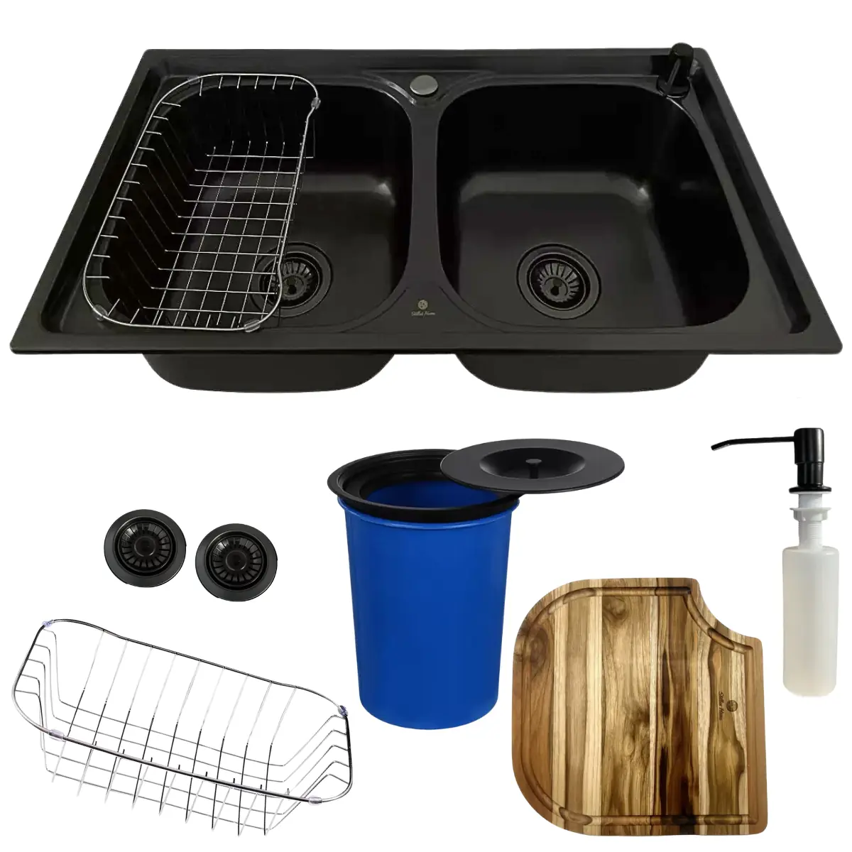 Cuba Dupla Cozinha Gourmet Aço Inox Preta + Tábua E Lixeira