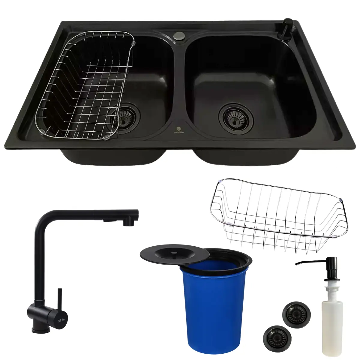 Cuba Dupla Gourmet Preta Aço Inox + Torneira Preta E Lixeira