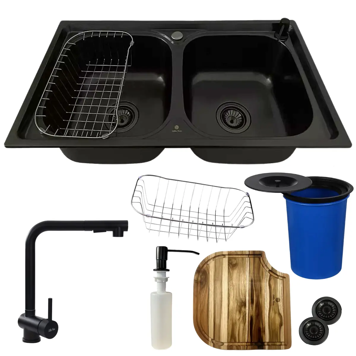 Cuba Dupla Gourmet Aço Inox Preta + Torneira Tábua E Lixeira