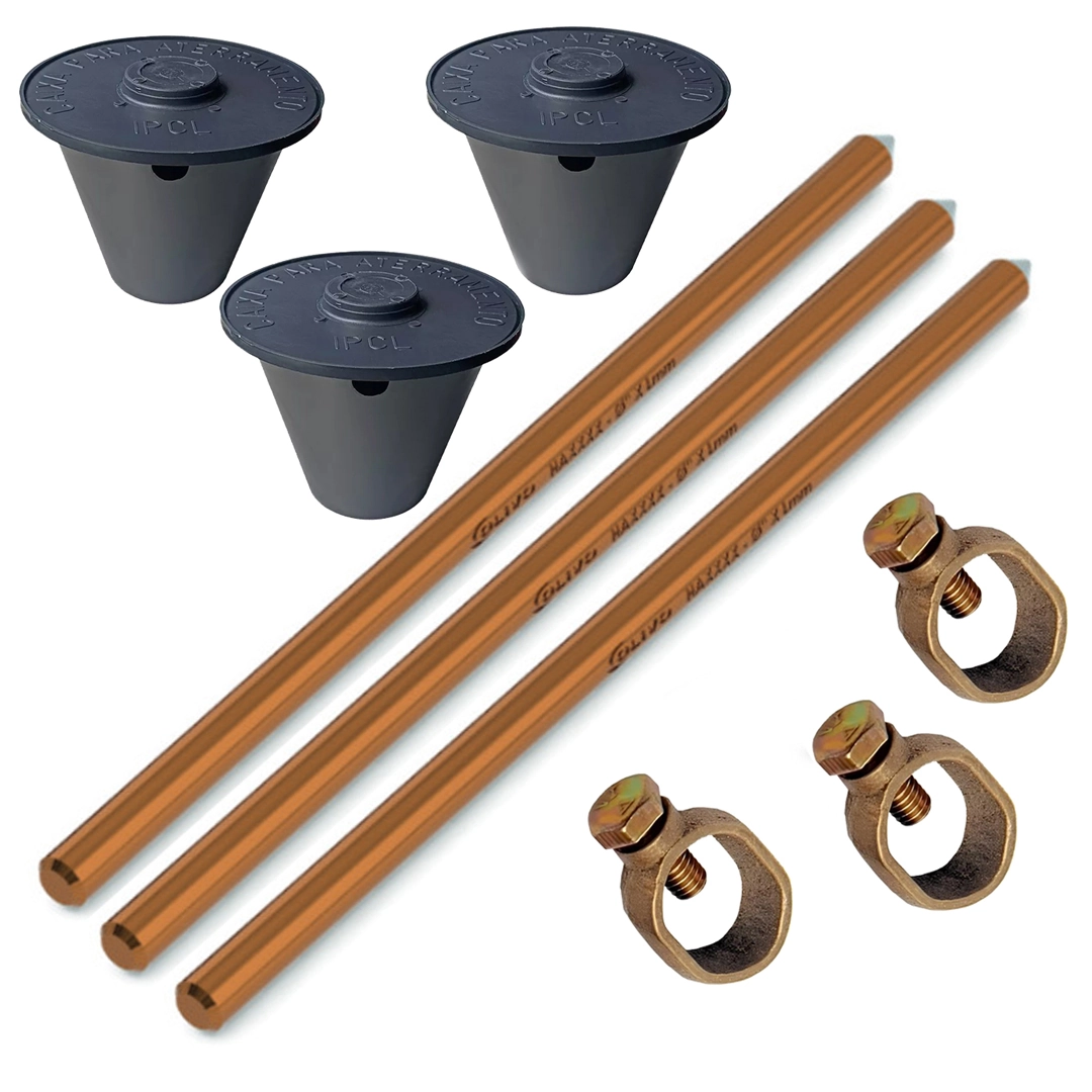 Kit 03 Haste Alta Camada Aterra 5/8 14,3mmx2,4m+grampo+caixa