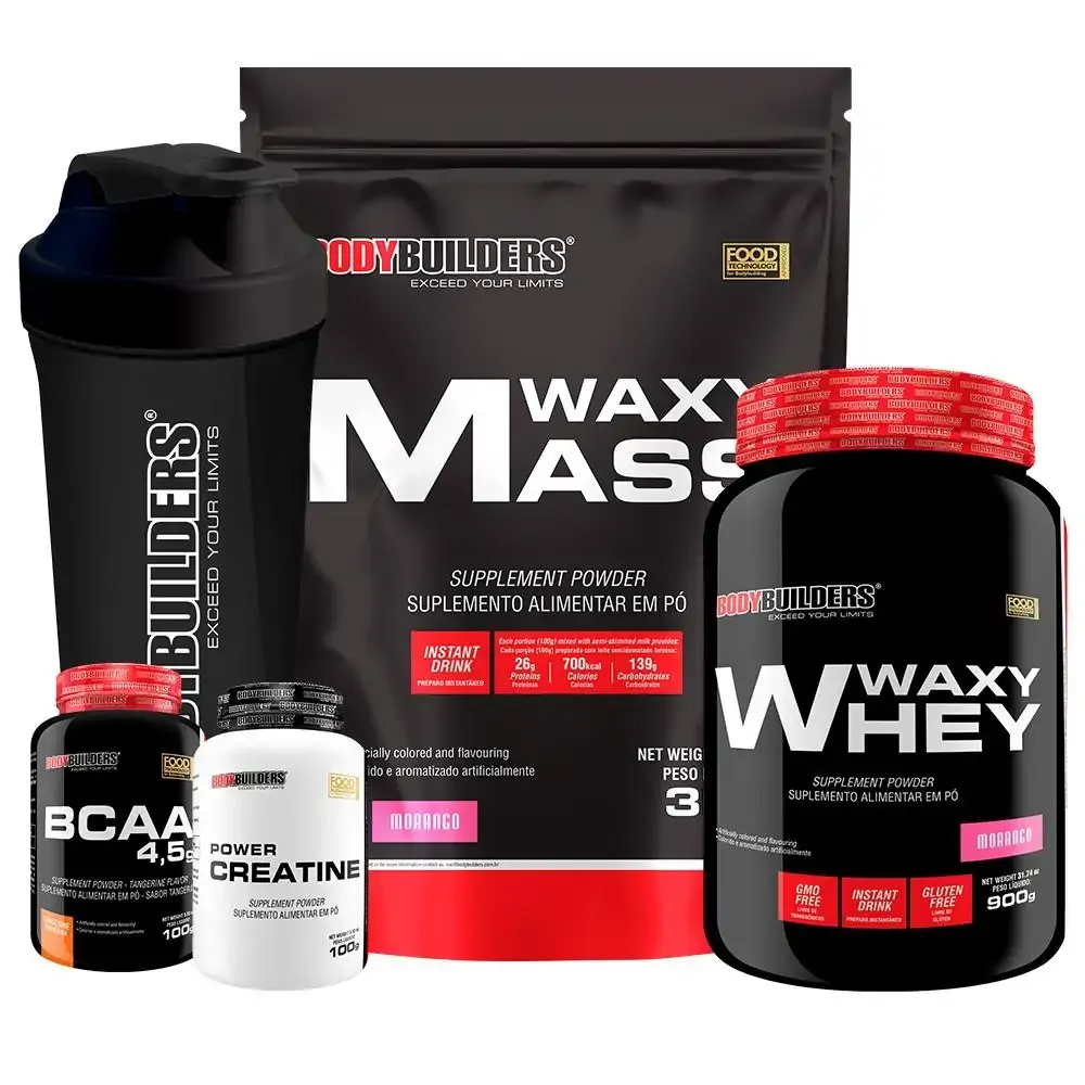 Kit Waxy Mass 3kg + Waxy Whey 900g + Power Creatina 100g + BCAA 100g + Coqueteleira - Bodybuilders