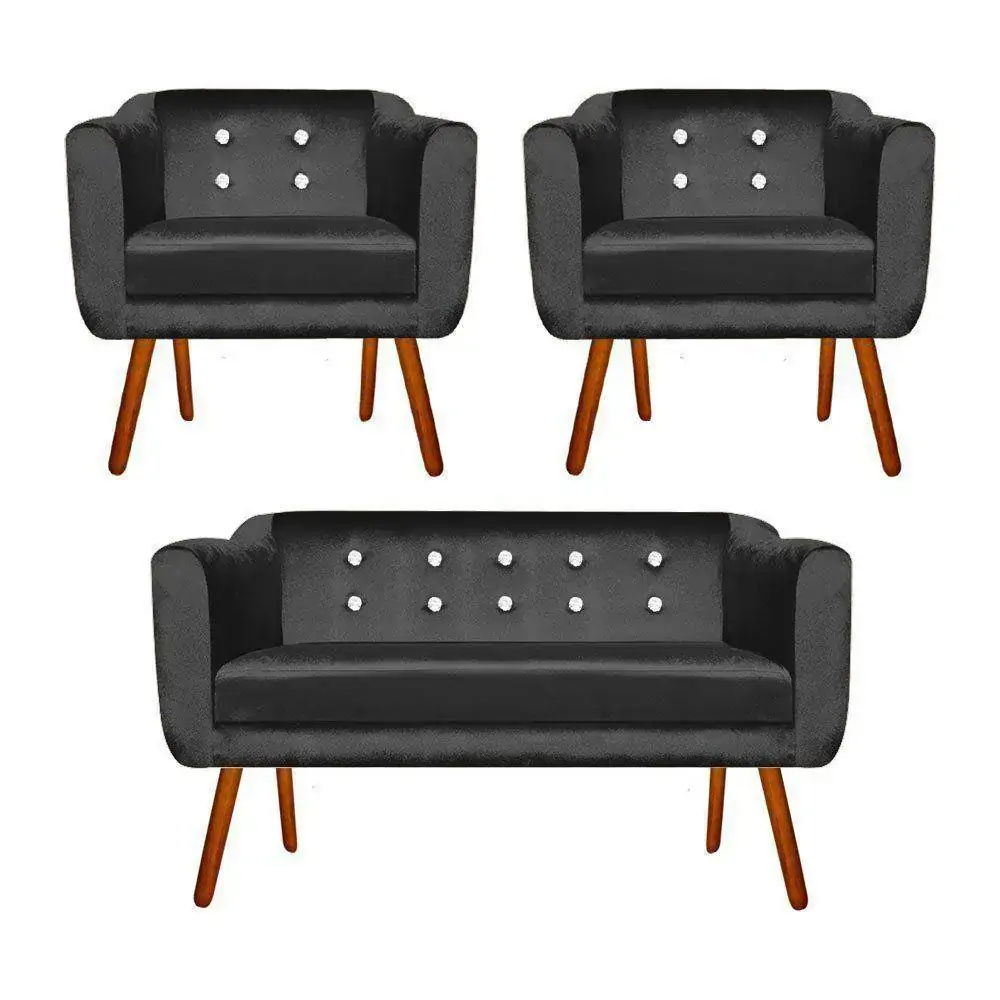 Kit Sofá 2 Lugares e 02 Poltronas Julia Preto Com Strass