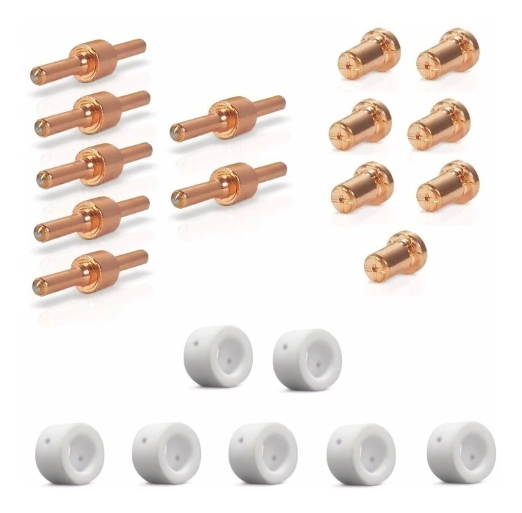 Kit Consumíveis Tocha Plasma Pt31: 7un. Bico Longo - 7un Eletrodo Longo - 7un Anel Difusor Cerâmico