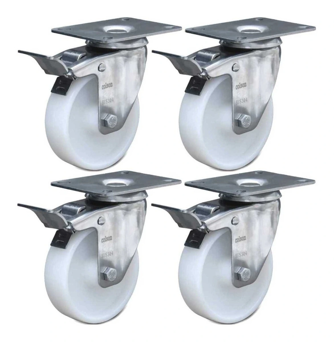 Kit 4 Rodízios Série 12 Inox Placa 101mm Nylon 680kg Com Freio - Colson