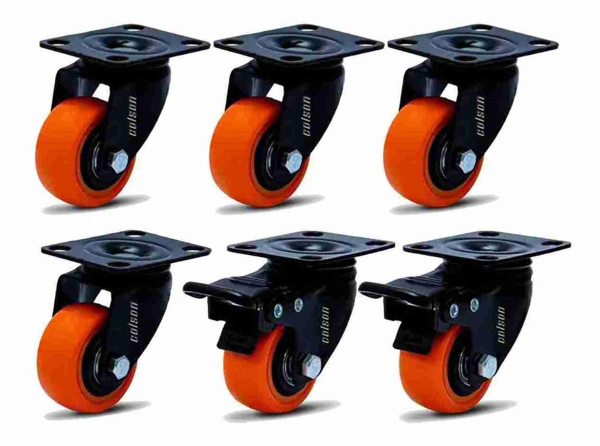 Kit 6 Rodízio Linha Black Placa 50mm 2 Com Freio 4 Sem Freio 300kg Laranja - Colson