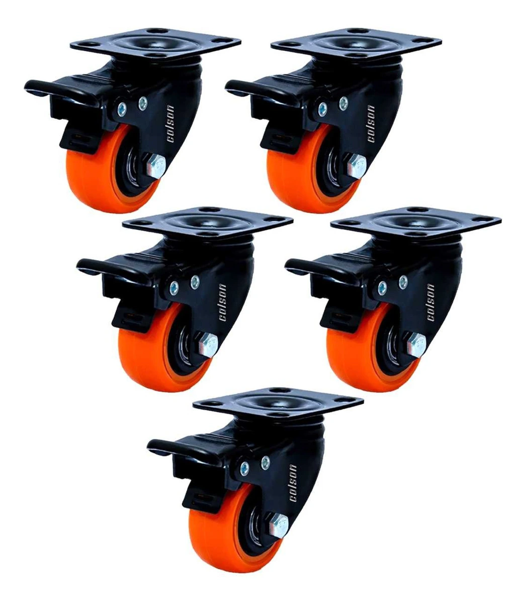 Kit 5 Rodízio Linha Black Placa 50mm Com Freio Laranja - Colson