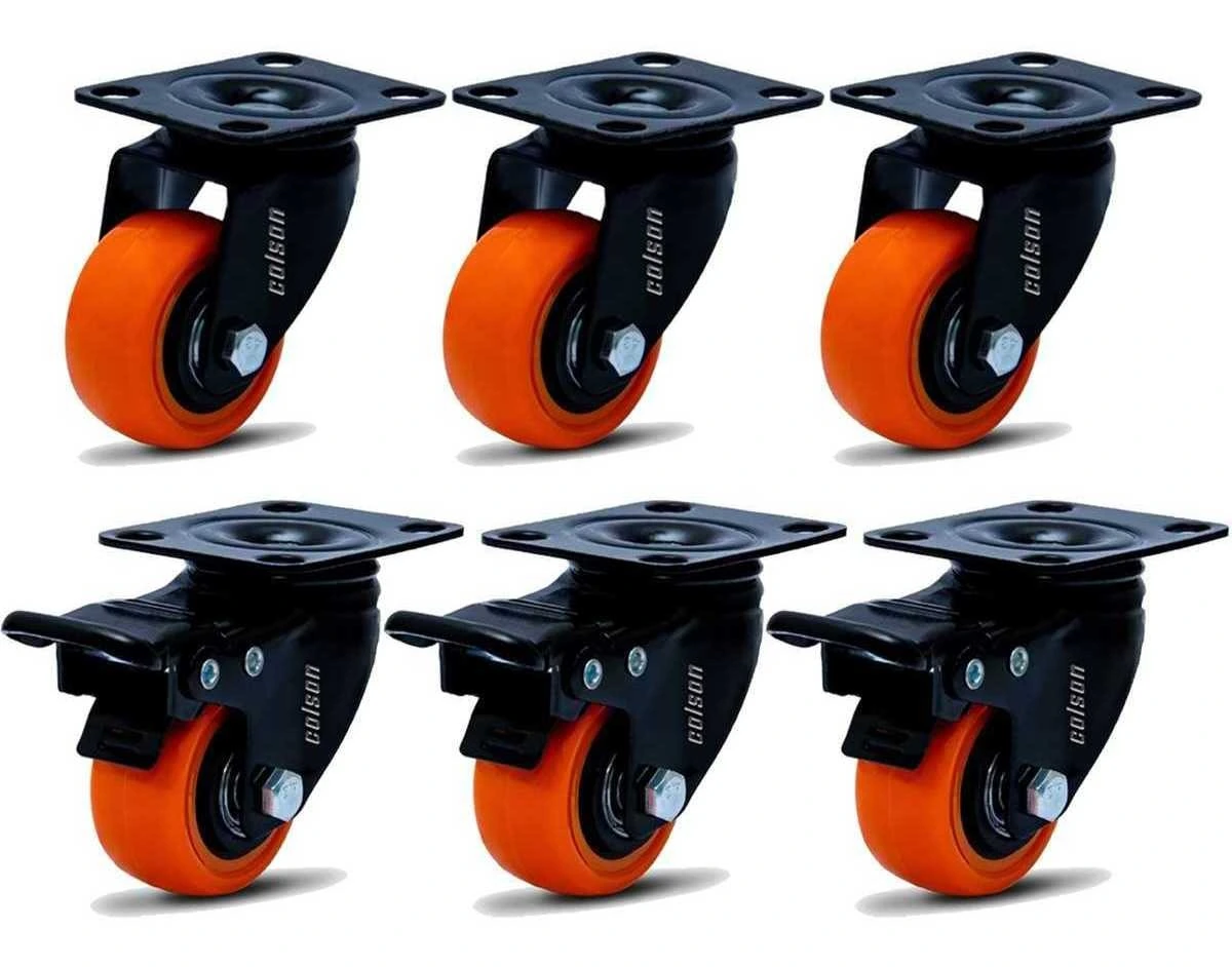 Kit 16 Rodízio Linha Black Placa 50mm 8 Com Freio 8 Sem Freio 400kg Laranja - Colson