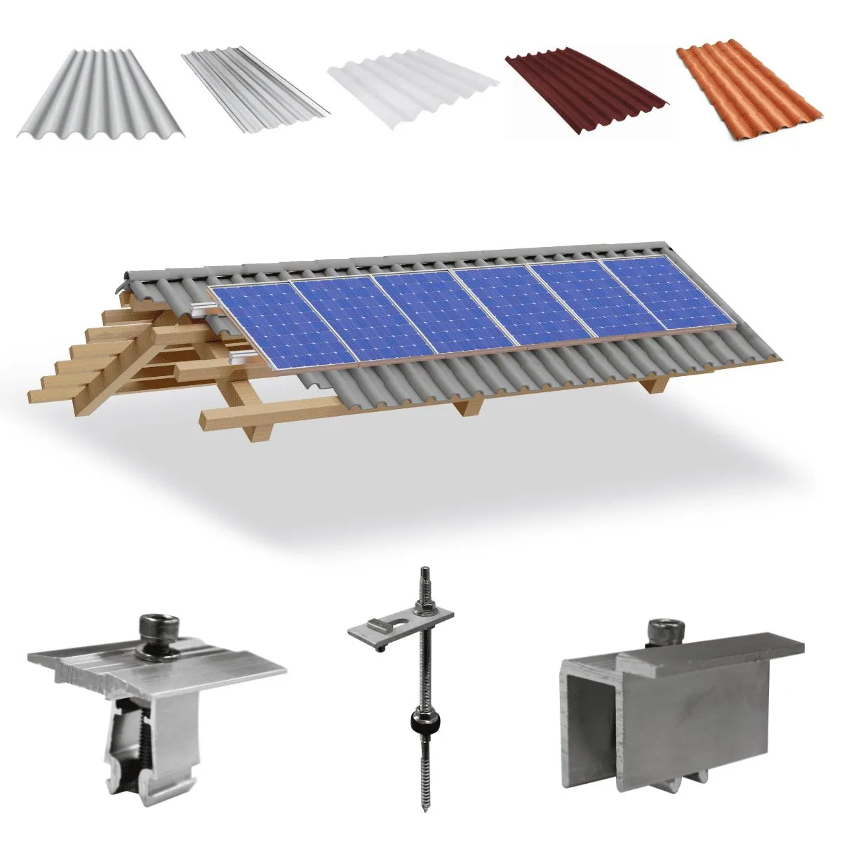 Kit Estrutura Suporte Fixador Para 06 Placas Solar Alumínio E Inox Telha Fibro Ondulada Em Viga Madeira | Perfil Master