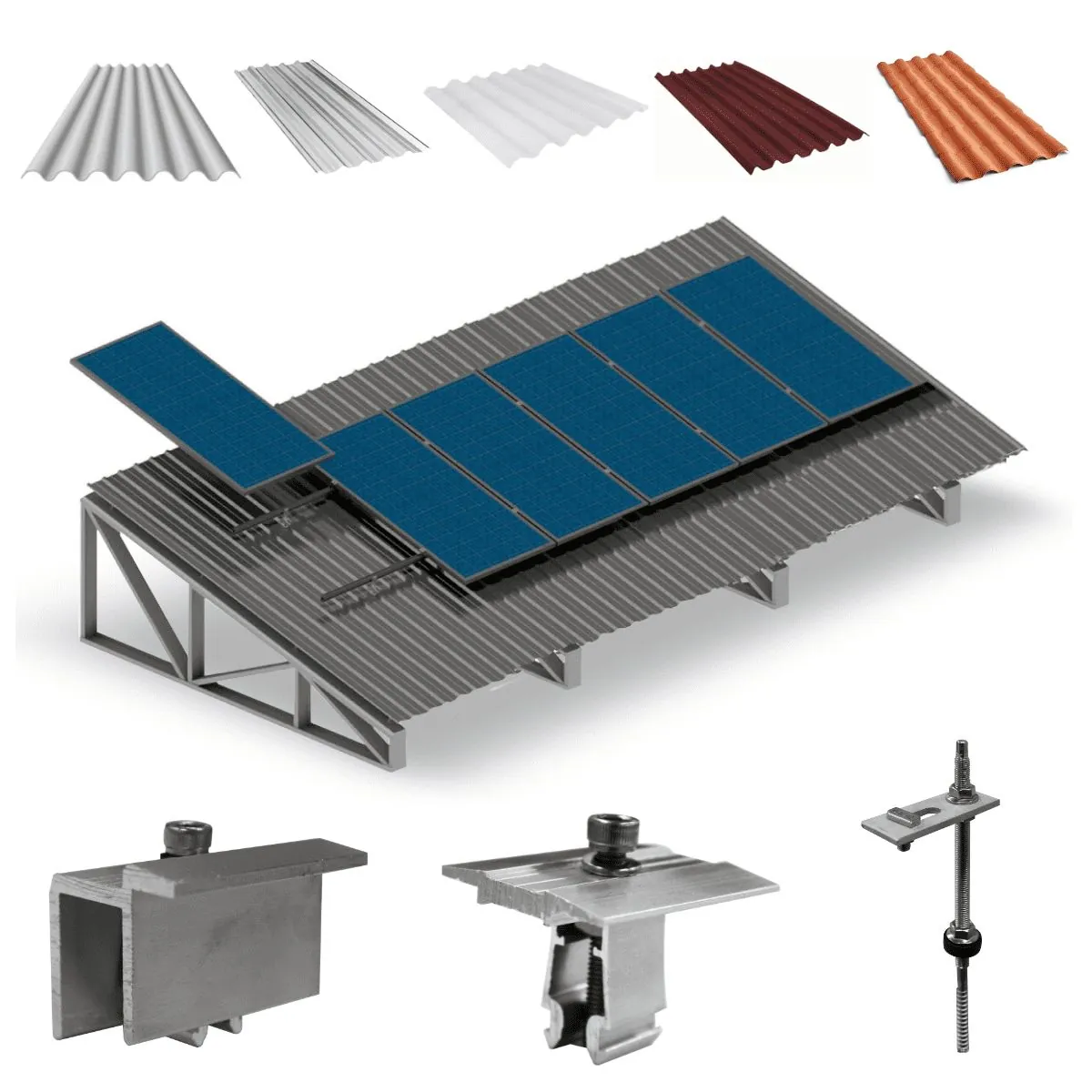 Kit Estrutura Suporte Fixador Para 06 Placas Solar Alumínio E Inox Telha Fibro Ondulada Em Viga Metálica | Perfil Master