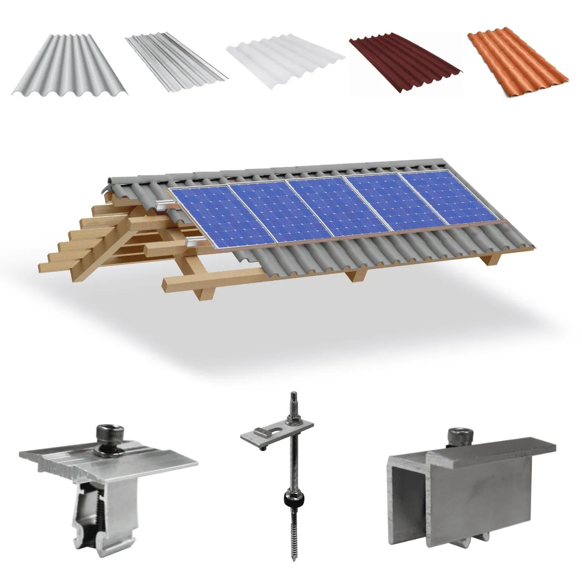 Kit Estrutura Suporte Fixador Para 05 Placas Solar Alumínio E Inox Telha Fibro Ondulada Em Viga Madeira | Perfil Master