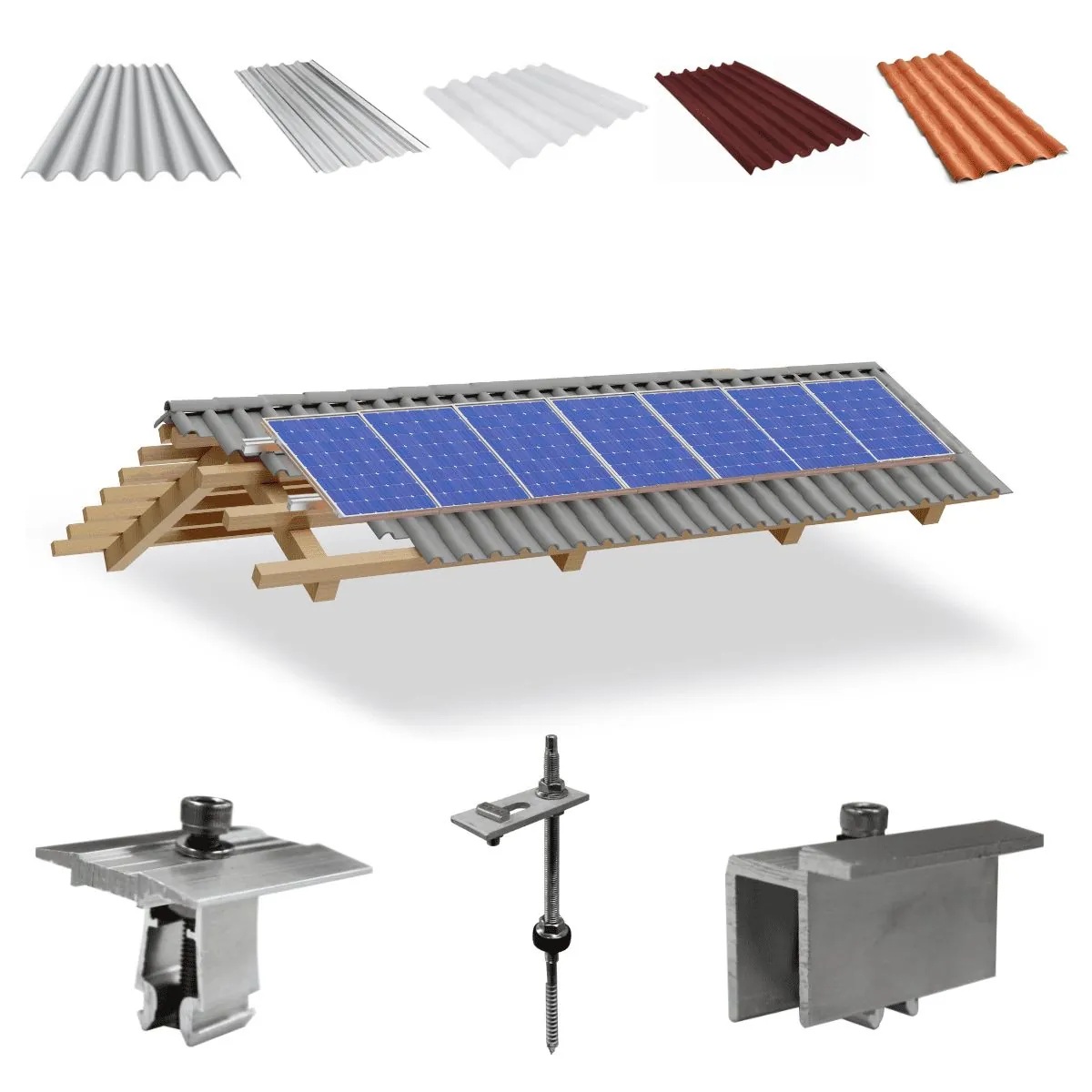 Kit Estrutura Suporte Fixador Para 07 Placas Solar Alumínio E Inox Telha Fibro Ondulada Em Viga Madeira | Perfil Master