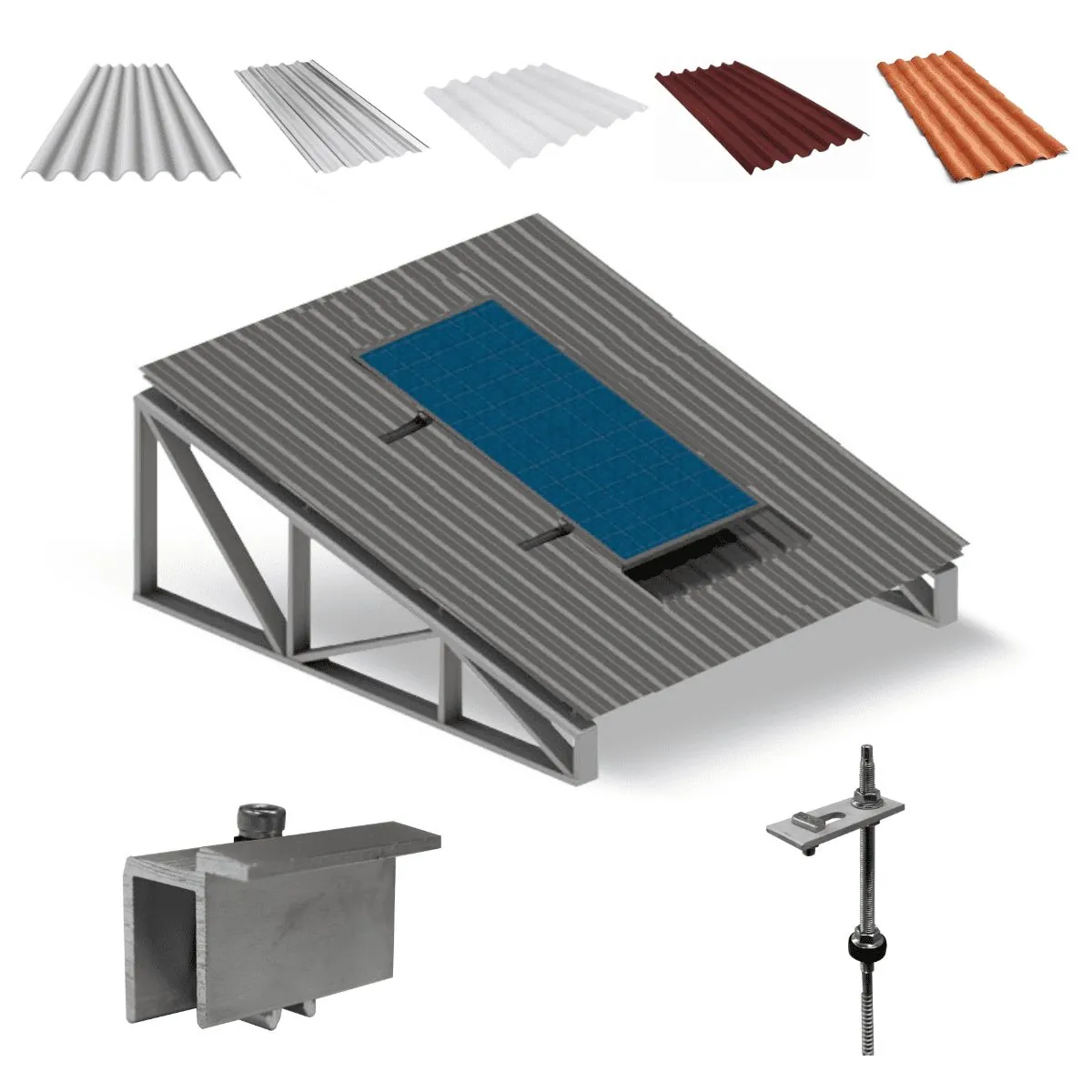 Kit Estrutura Suporte Fixador Para 01 Placa Solar Alumínio E Inox Telha Fibro Ondulada Em Viga Metálica | Perfil Master