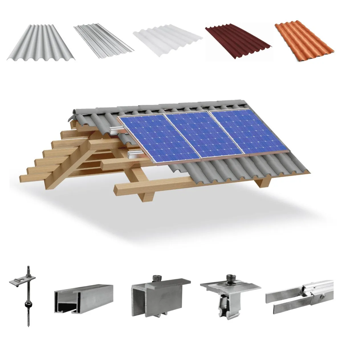 Kit Estrutura Suporte Fixador 1,20m Para 03 Placa Solar Alumínio Inox Telha Fibro Ondulada Viga Madeira | Perfil Master