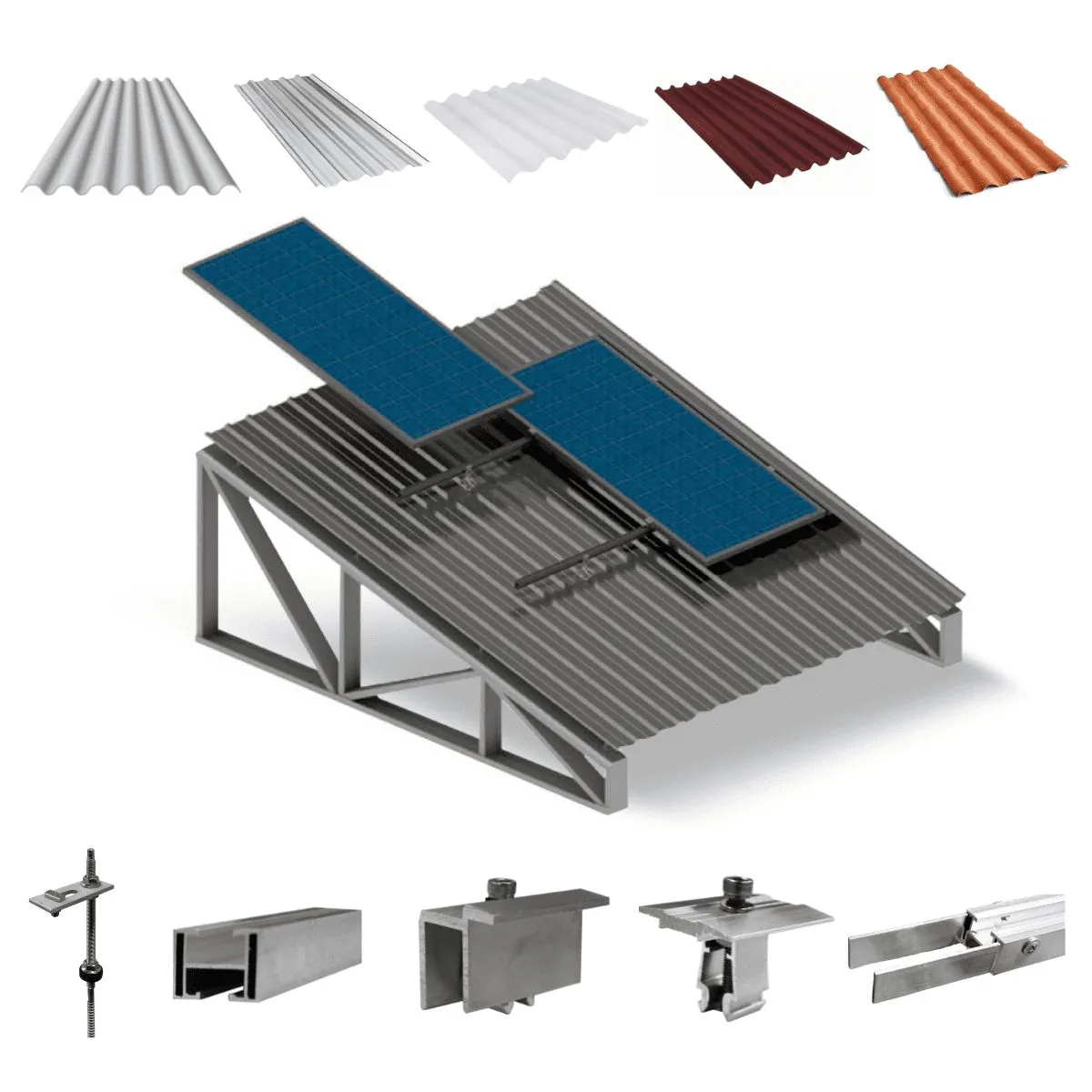 Kit Estrutura Suporte Fixador 1,20m Para 02 Placa Solar Alumínio Inox Telha Fibro Ondulada Viga Metálica | Perfil Master