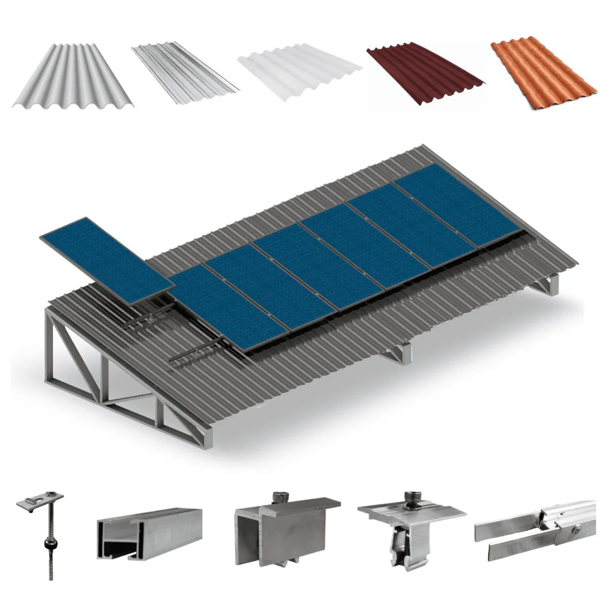 Kit Estrutura Suporte Fixador 1,20m Para 07 Placa Solar Alumínio Inox Telha Fibro Ondulada Viga Metálica | Perfil Master