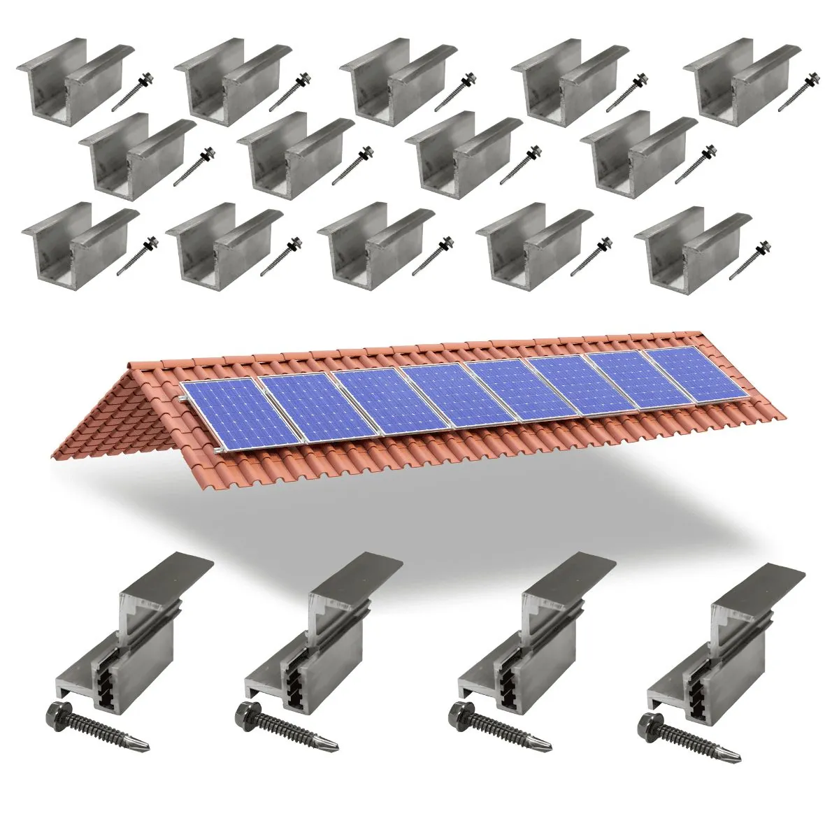 Kit Fixador Grampo Final Regulável E Intermediário Tipo U Para 08 Placas Painel Solar Alumínio E Inox | Perfil Master
