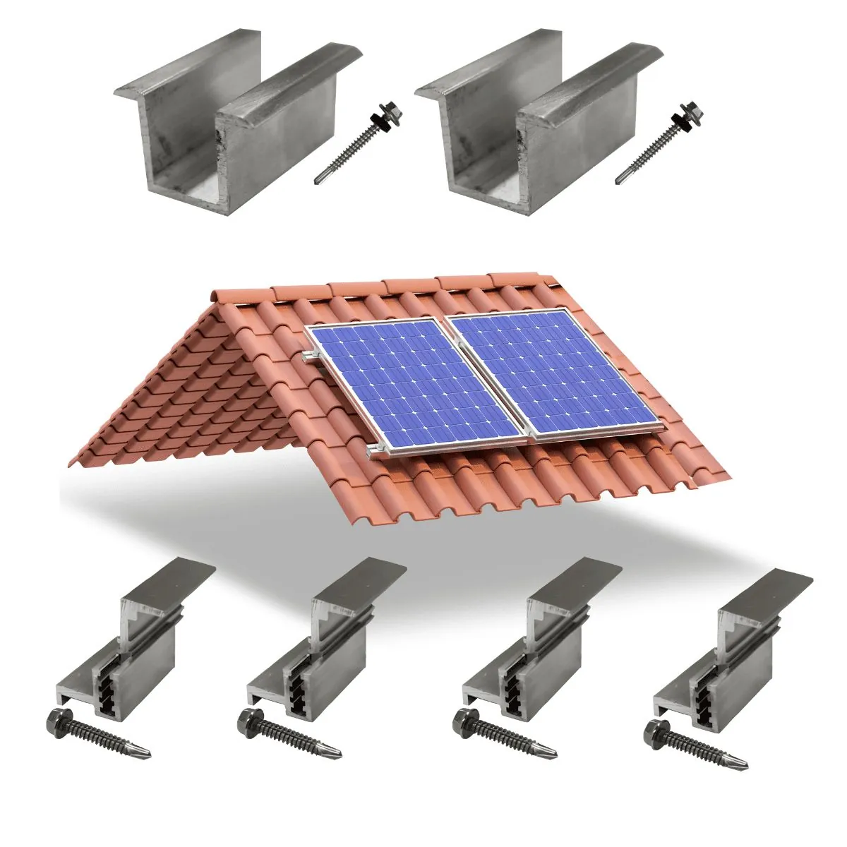Kit Fixador Grampo Final Regulável E Intermediário Tipo U Para 02 Placas Painel Solar Alumínio E Inox | Perfil Master