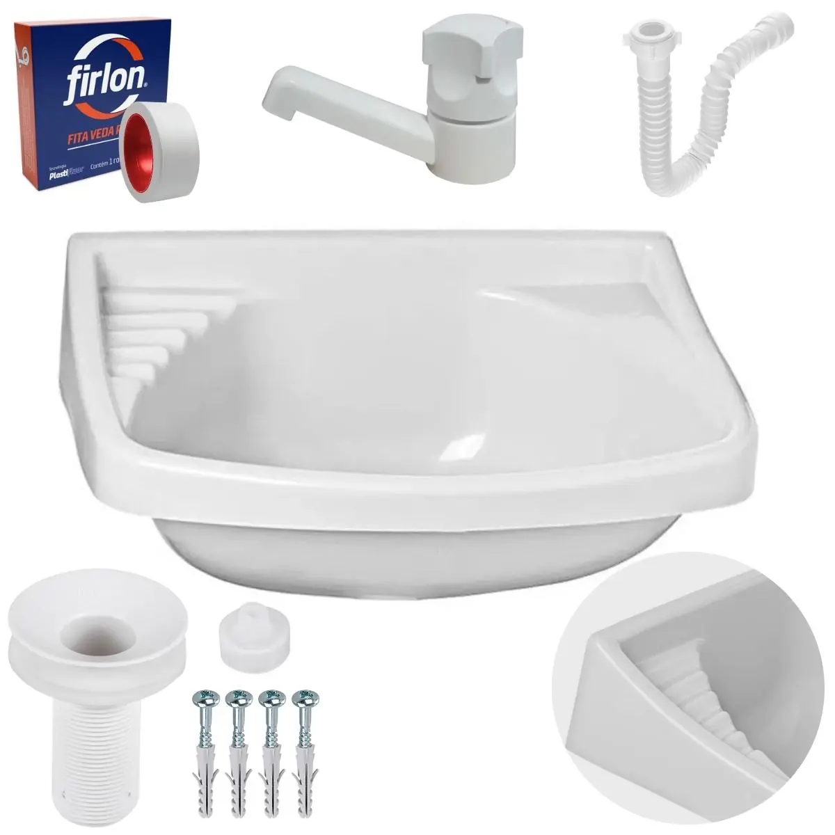 Pia Lavatório Banheiro 4,8l + Torneira Branca + Sifão Universal Branco + Fita Veda Rosca
