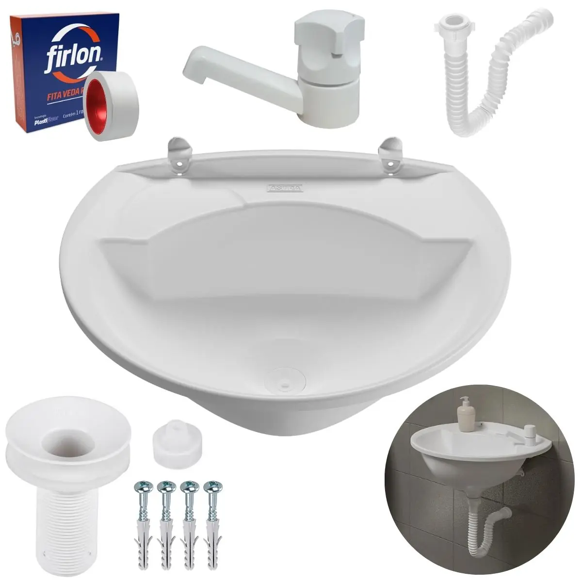 Pia Lavatório Banheiro 4l + Torneira Branca + Sifão Universal Sanfonado + Fita Veda Rosca