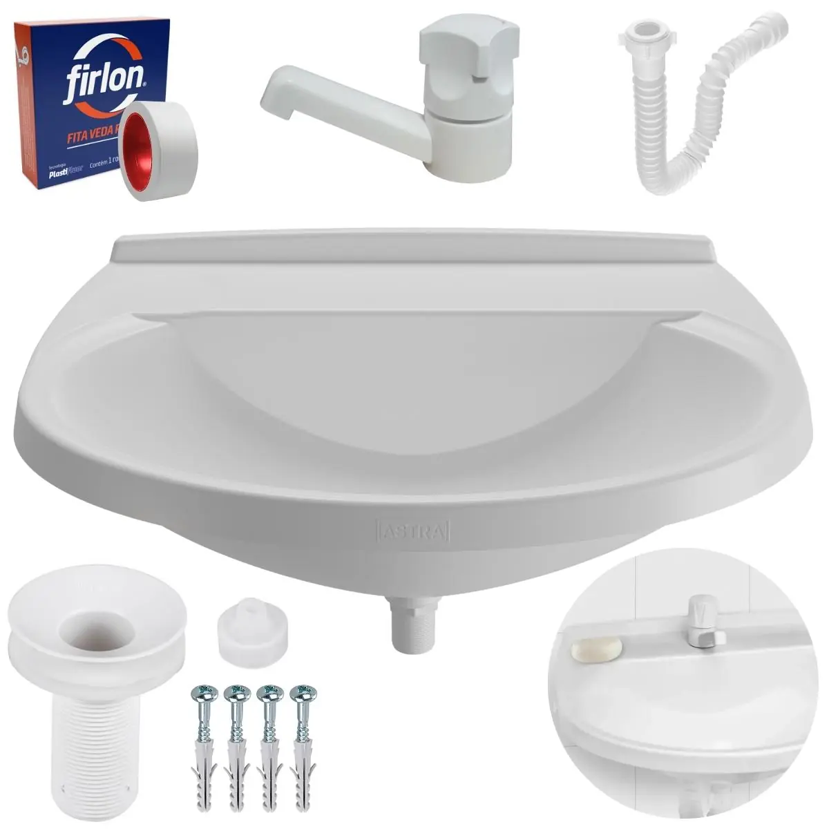 Pia Lavatório Banheiro 8l + Torneira Branca + Sifão Universal Sanfonado + Fita Veda Rosca