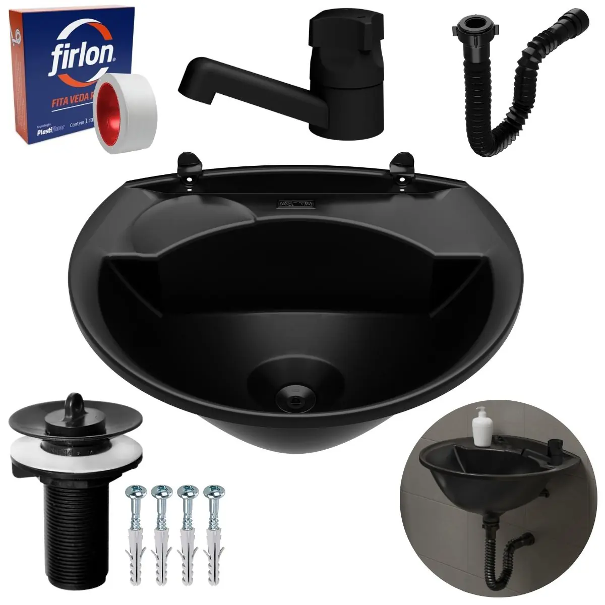 Pia Lavatório Banheiro 4l + Torneira Preta + Sifão Universal Sanfonado + Fita Veda Rosca
