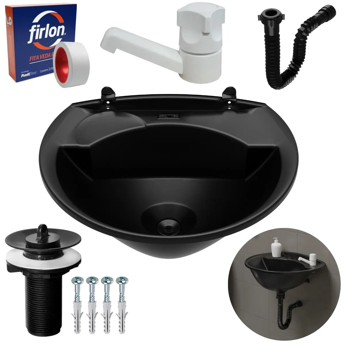 Pia Lavatório Banheiro 4l + Torneira Branca + Sifão Universal Sanfonado + Fita Veda Rosca