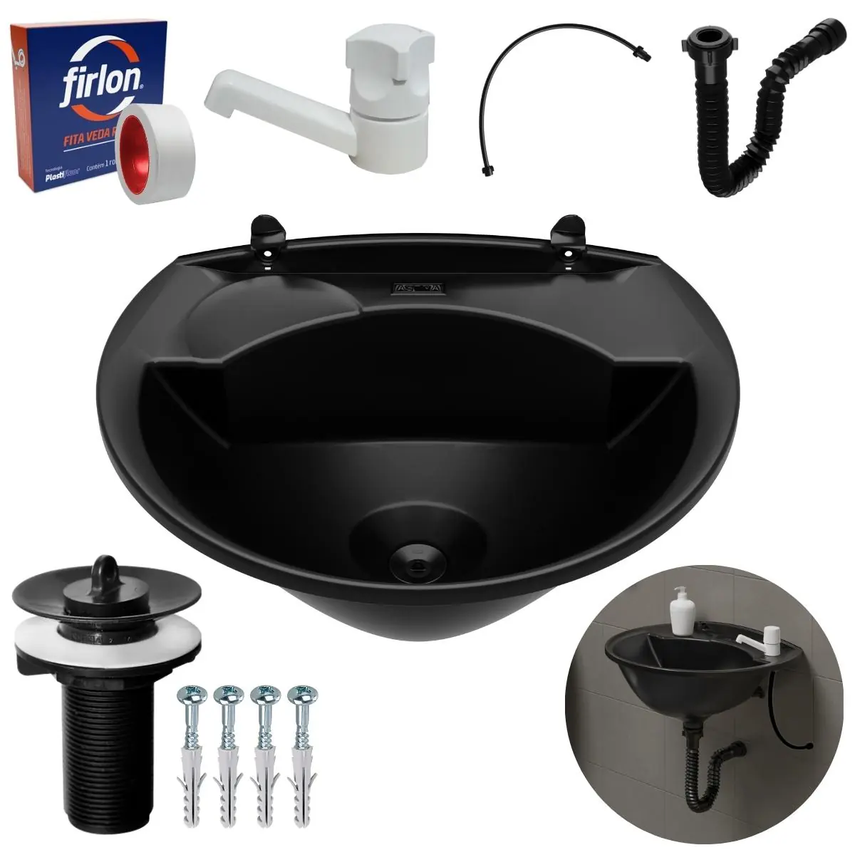 Pia Lavatório Banheiro 4l + Torneira Branca + Sifão Universal Sanfonado + Engate Flexível + Fita Veda Rosca