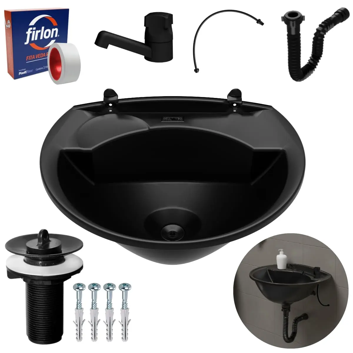 Pia Lavatório Banheiro 4l + Torneira Preta + Sifão Universal Sanfonado + Engate Flexível + Fita Veda Rosca