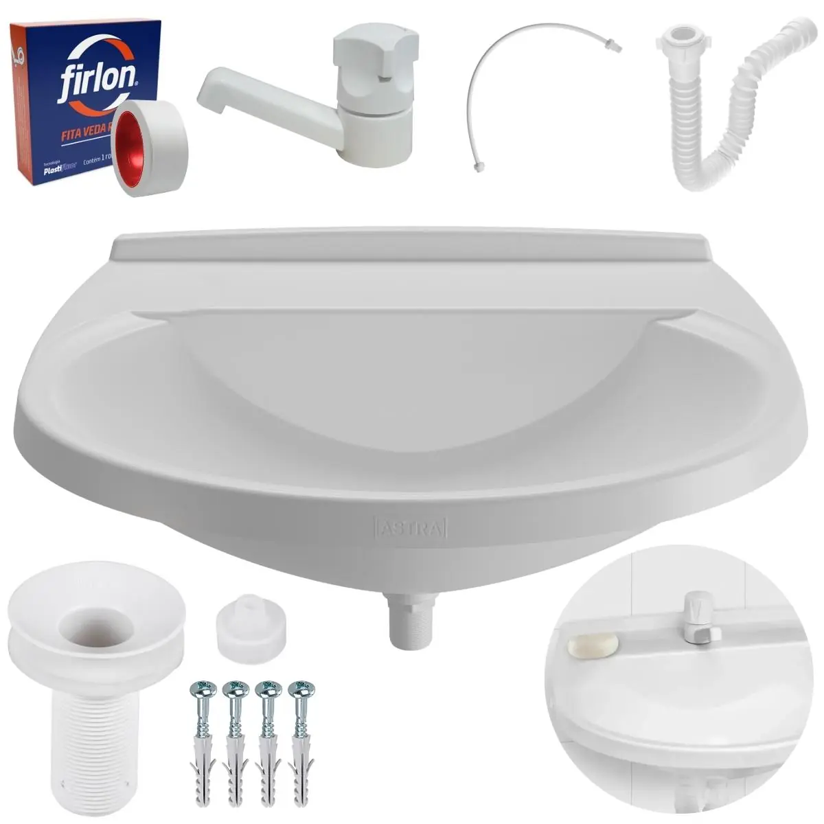 Pia Lavatório Banheiro 8l + Torneira Branca + Sifão Universal Sanfonado + Engate Flexível + Fita Veda Rosca