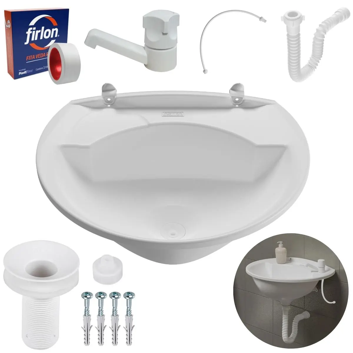 Pia Lavatório Banheiro 4l + Torneira Branca + Sifão Universal Sanfonado + Engate Flexível + Fita Veda Rosca