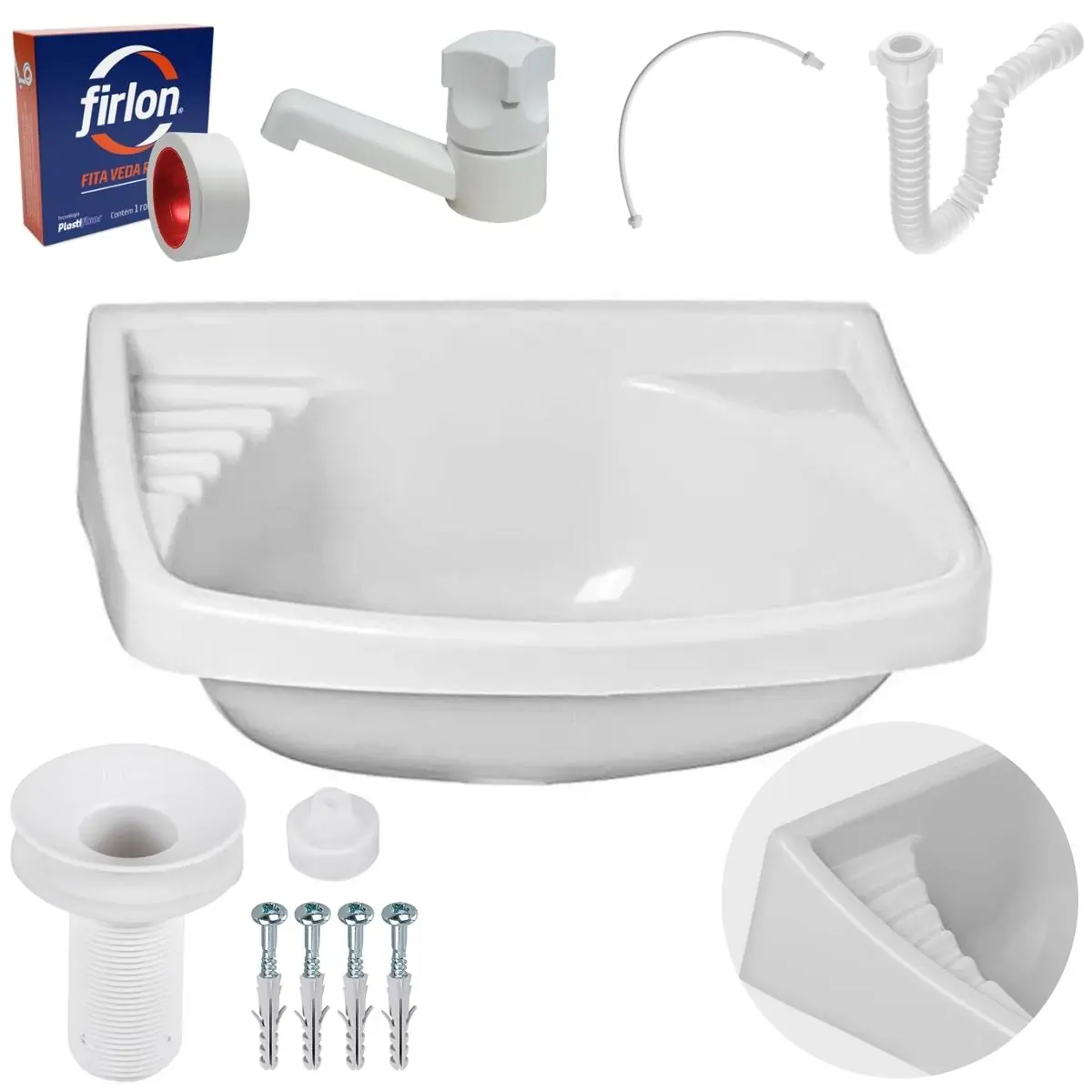 Pia Lavatório Banheiro 4,8l + Torneira Branca + Sifão Universal Branco + Engate Flexível + Fita Veda Rosca