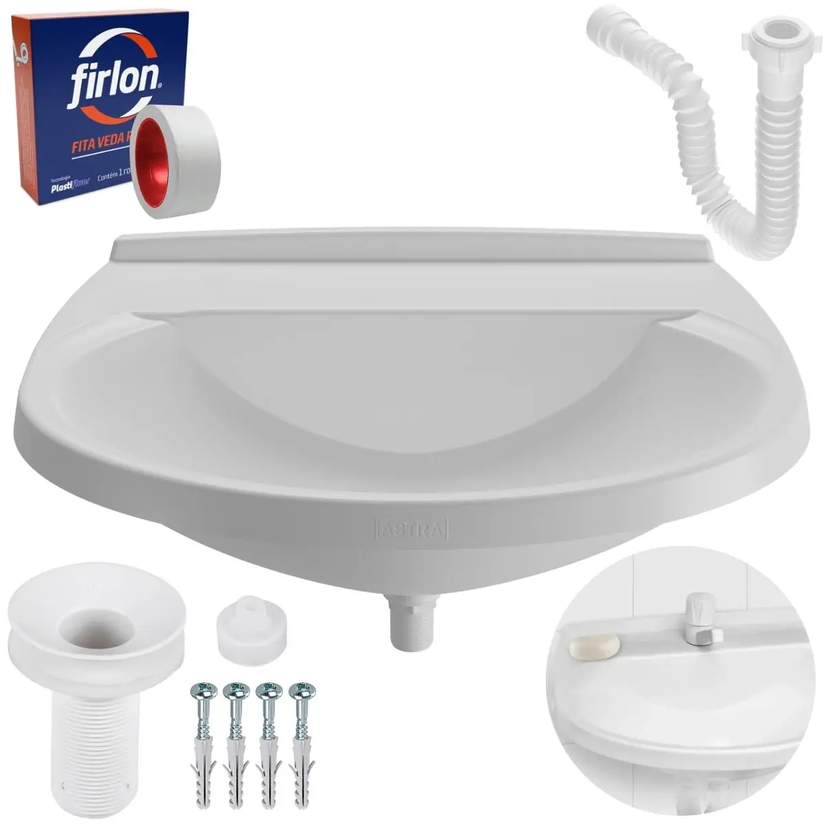 Pia Lavatório Banheiro 8l + Sifão Universal Sanfonado + Fita Veda Rosca