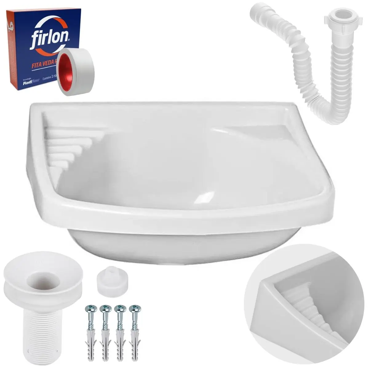 Pia Lavatório Banheiro 4,8l + Sifão Universal Branco + Fita Veda Rosca