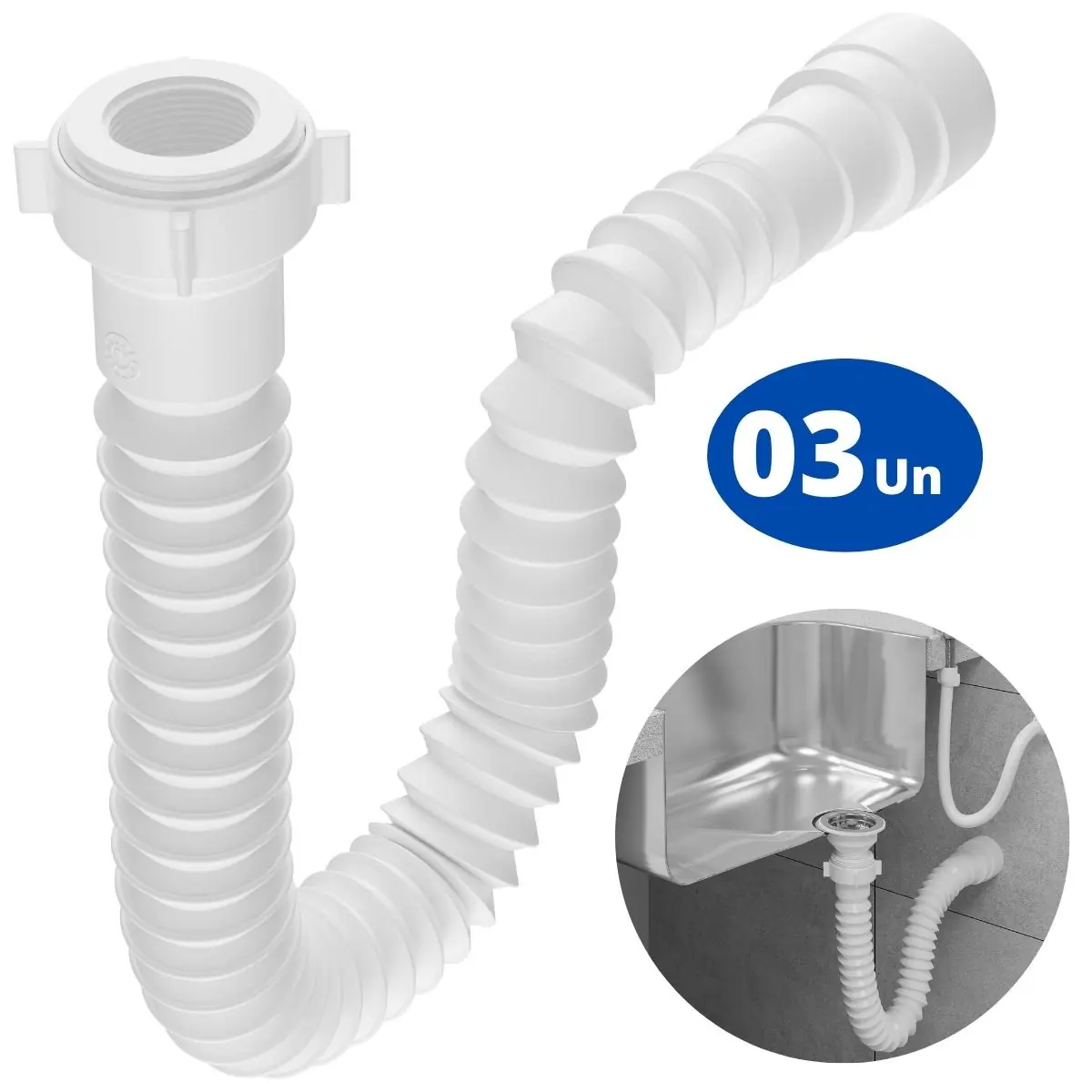 Sifão Sanfonado Universal 110cm Branco | Astra | Kit C/ 3 Un