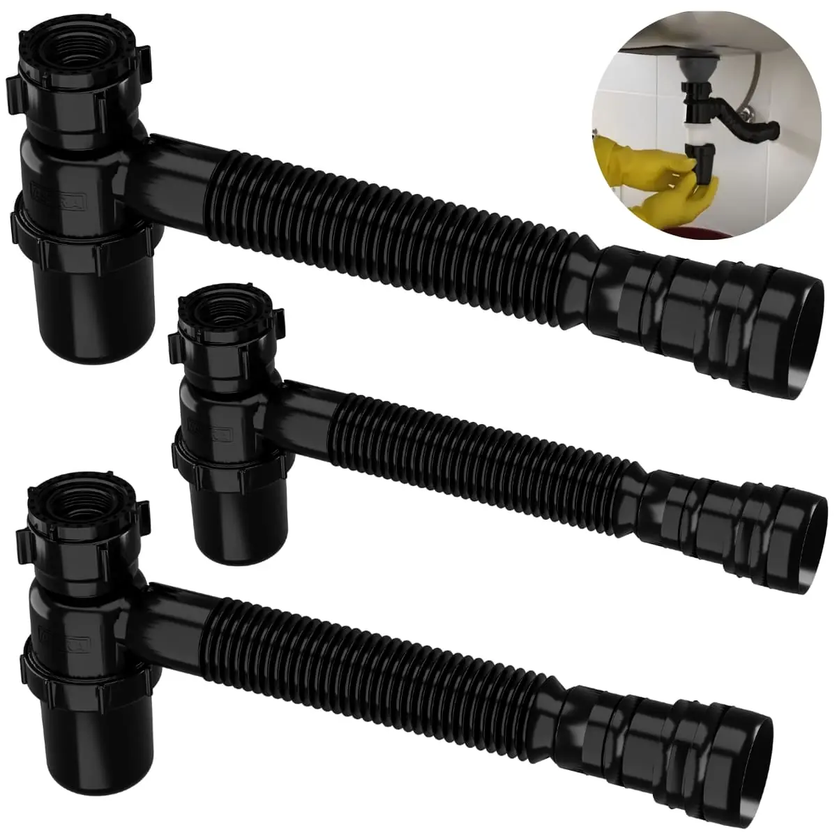 Sifão Sanfonado Com Copo 49cm Preto | Astra | Kit C/ 3 Un