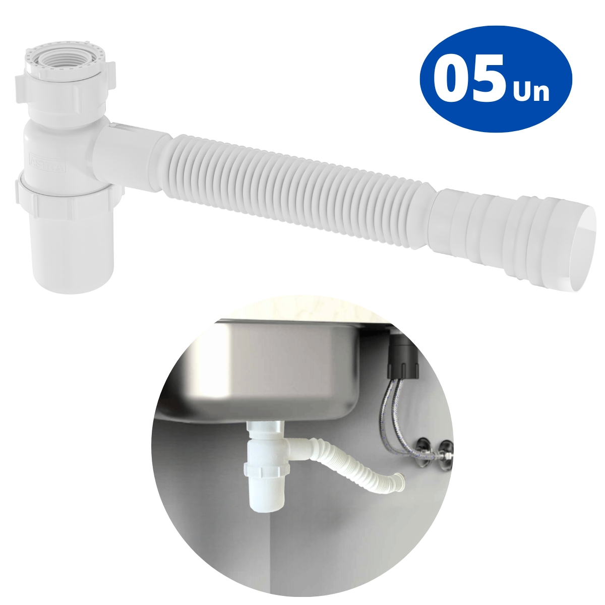 Sifão Sanfonado Com Copo 49cm Branco | Astra | Kit C/ 5 Un