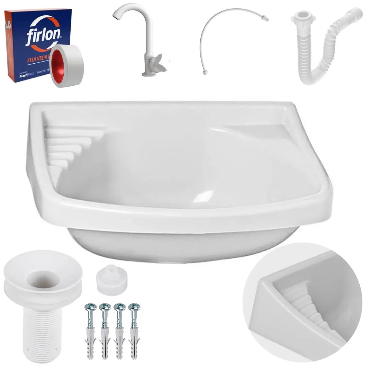 Pia Lavatório Banheiro 4,8l + Torneira Branca + Sifão Universal Branco + Engate Flexível + Fita Veda Rosca