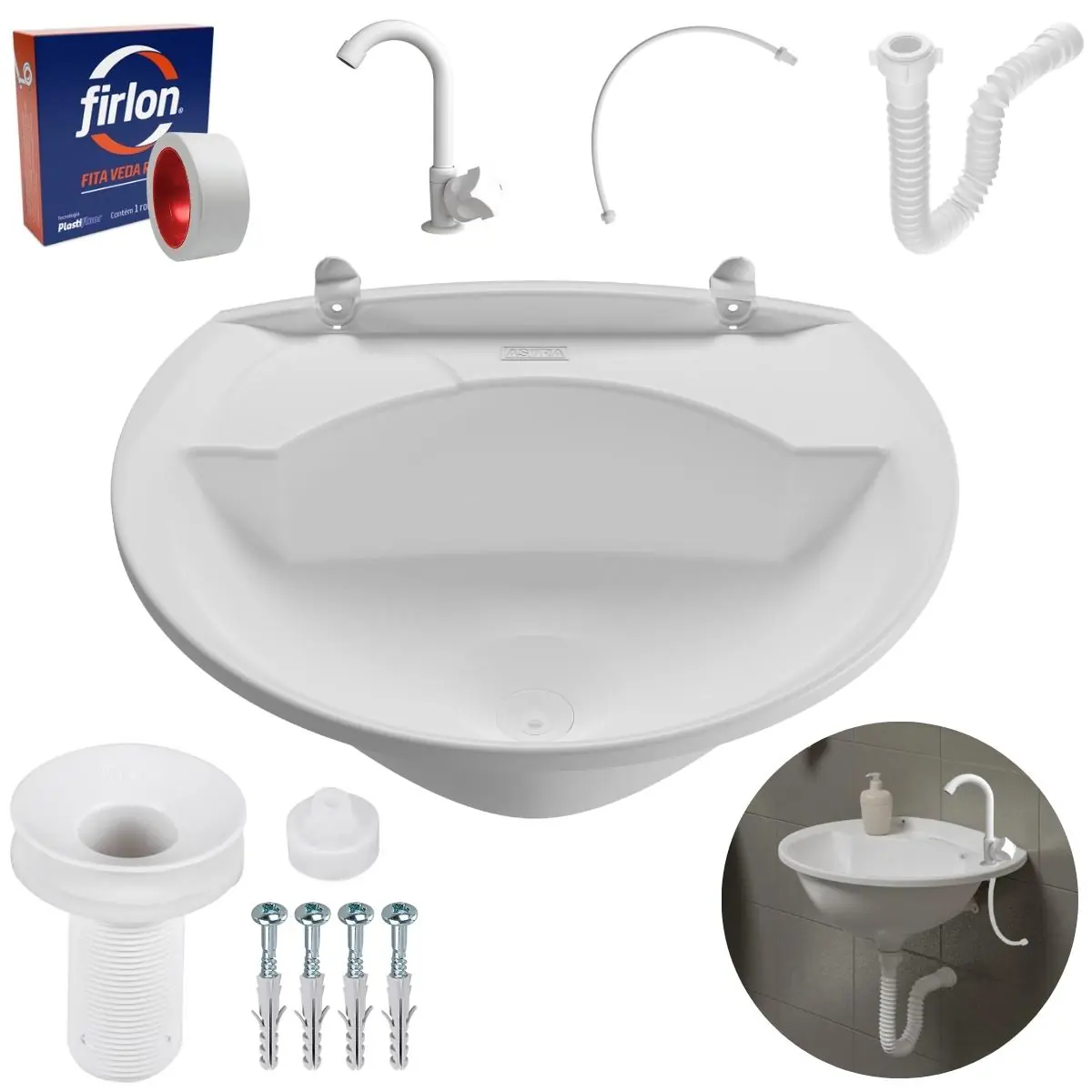 Pia Lavatório Banheiro 4l + Torneira Branca + Sifão Universal Sanfonado + Engate Flexível + Fita Veda Rosca