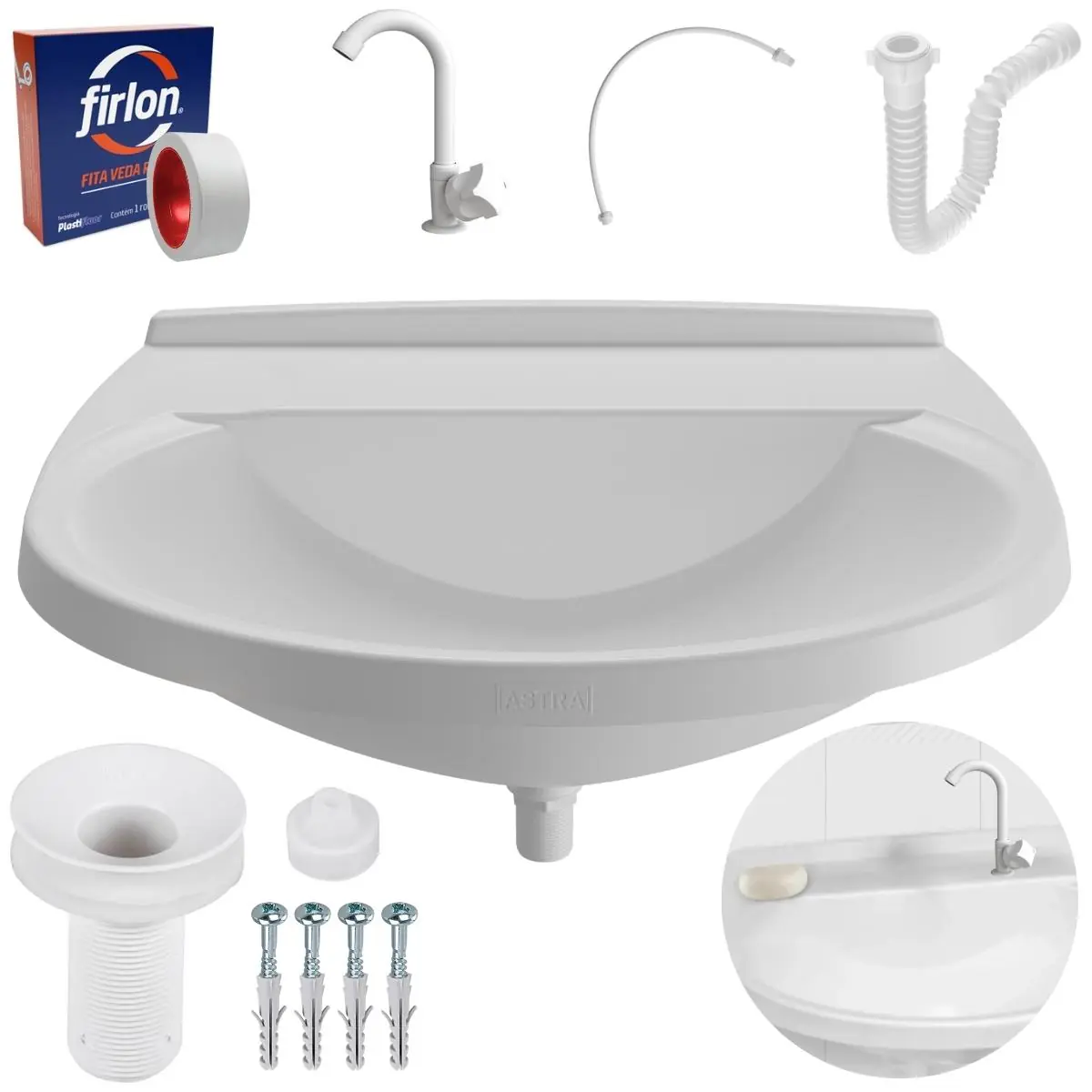 Pia Lavatório Banheiro 8l + Torneira Branca + Sifão Universal Sanfonado + Engate Flexível + Fita Veda Rosca