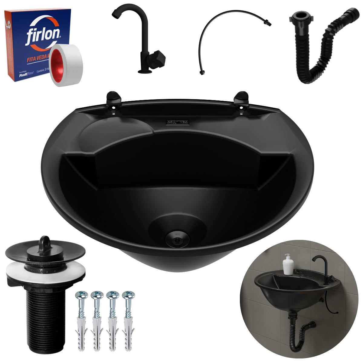Pia Lavatório Banheiro 4l + Torneira Preta + Sifão Universal Sanfonado + Engate Flexível + Fita Veda Rosca