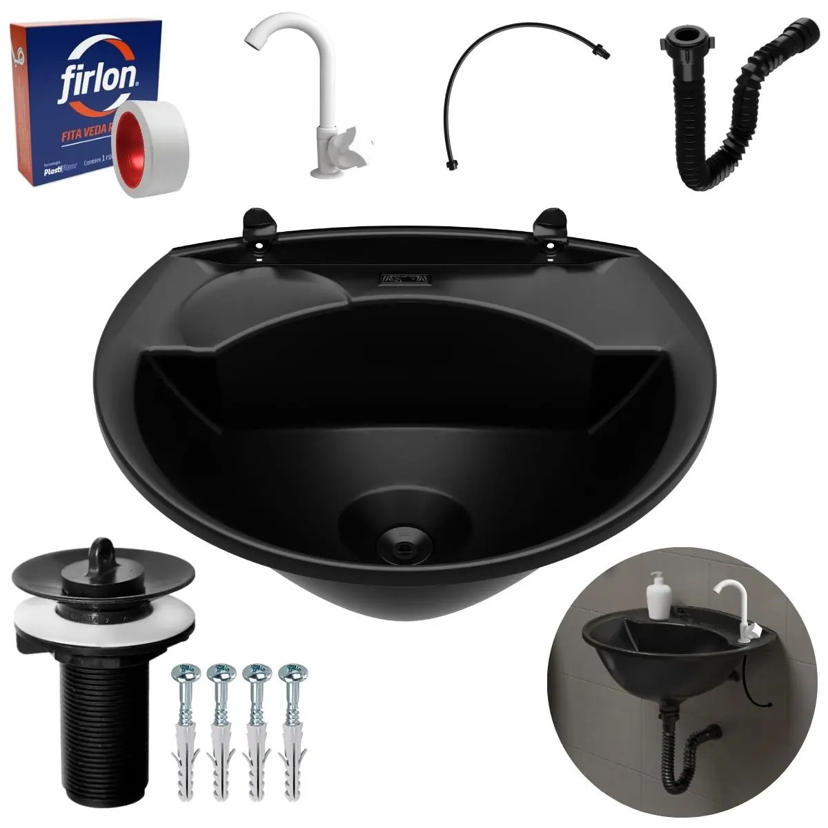 Pia Lavatório Banheiro 4l + Torneira Branca + Sifão Universal Sanfonado + Engate Flexível + Fita Veda Rosca