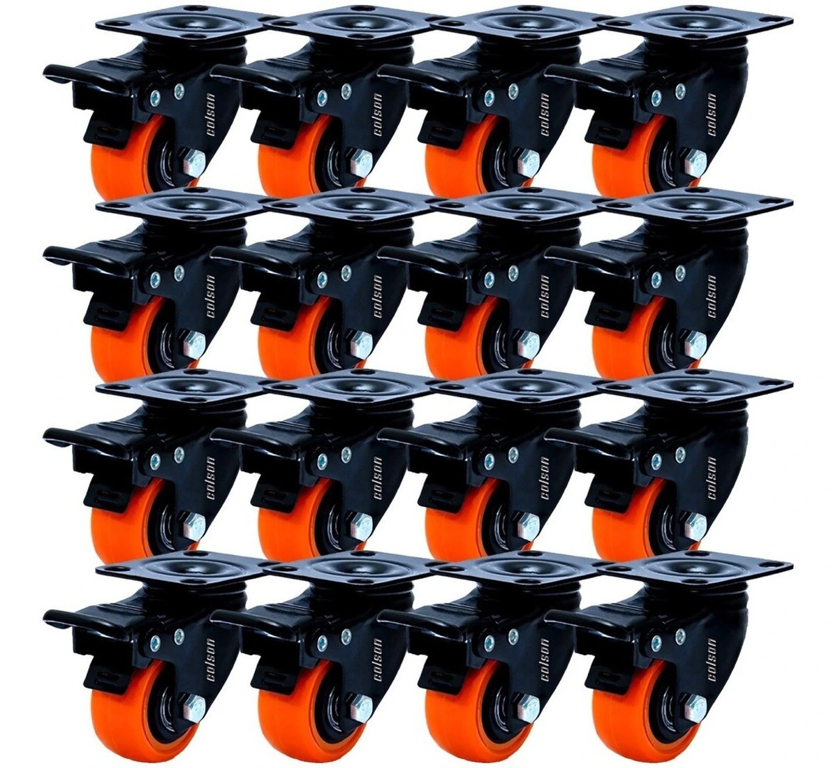 Kit 16 Rodízio Linha Black Placa 50mm Com Freio Laranja - Colson
