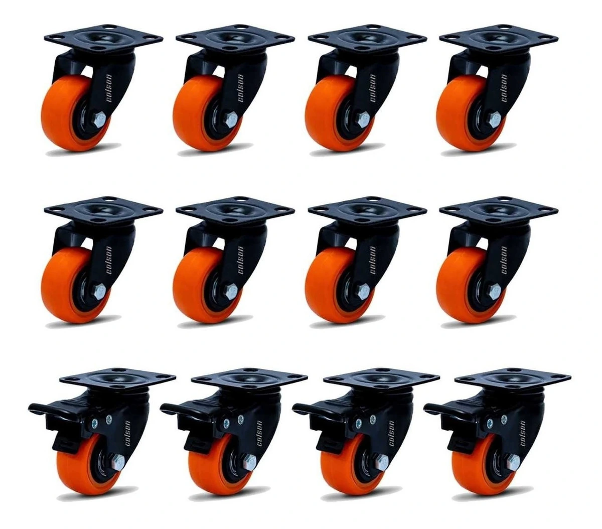 Kit 12 Rodízio Linha Black Placa 50mm 4 Com Freio 8 Sem Freio 600kg Laranja - Colson