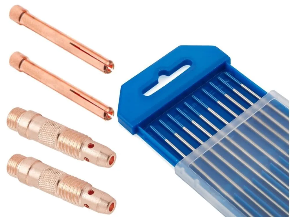 Kit 5 Eletrodo De Tungstênio 2% Lantânio Ponta Azul 3,2mm + 5 Pinça Tig 3,2mm + 5 Porta Pinça Difusor Da Pinça Tig 3,2mm