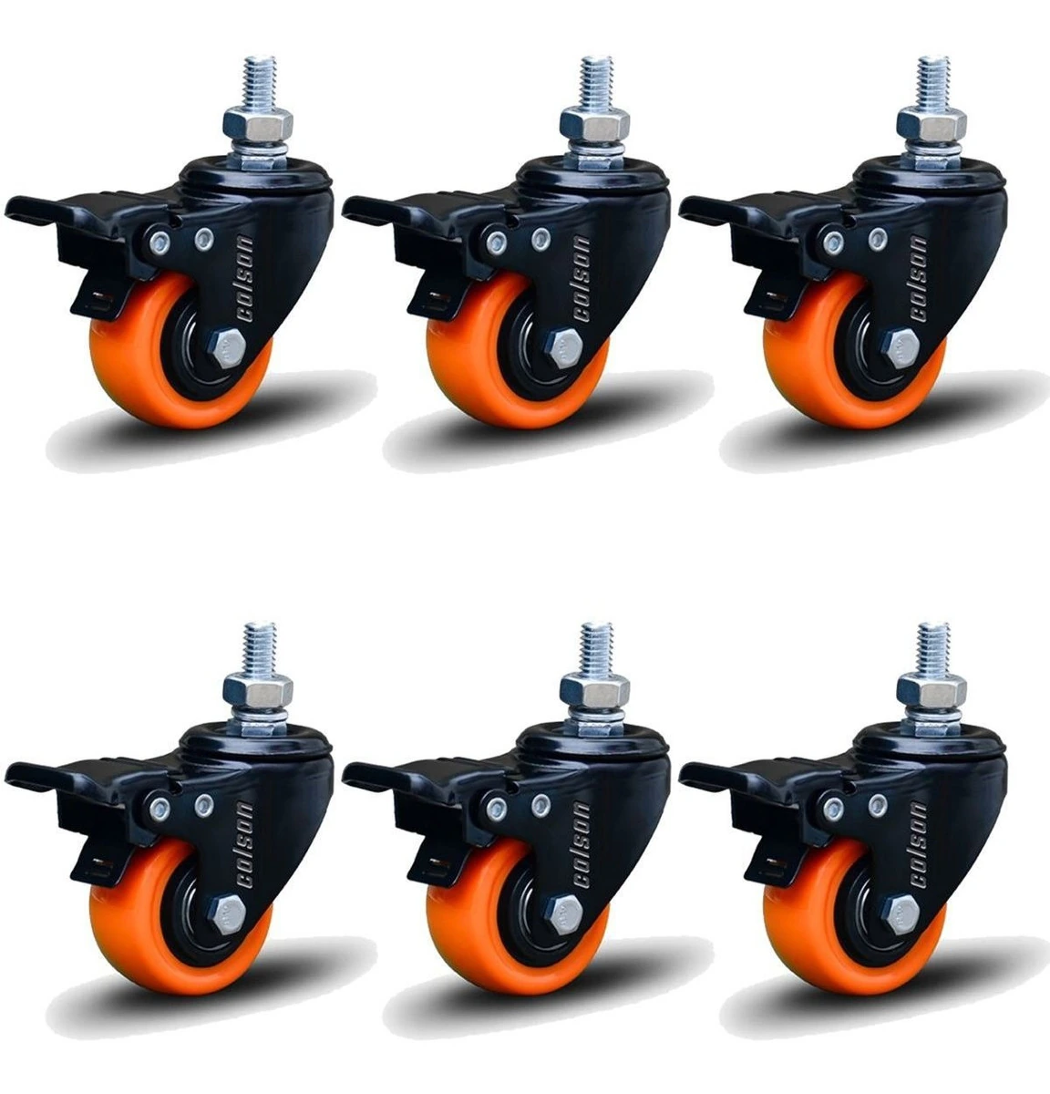 Kit 6 Rodízio Linha Black Parafuso 3/8" 50mm Com Freio 300kg Laranja - Colson