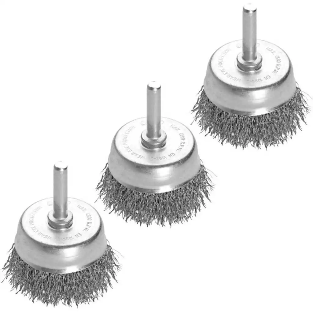 Kit 3un Escova De Aço Ondulado 50mm Tipo Copo Com Haste 1/4" - Pequi