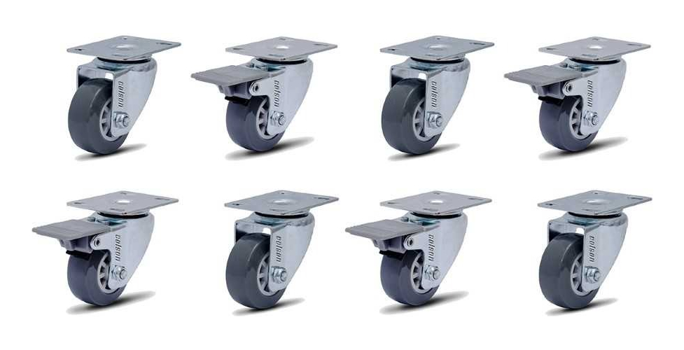 Kit 8 Rodízio Linha Bp Placa 2" 50mm Anti Risco Móveis 4 Com Freio 4 Sem Freio 360kg Cinza