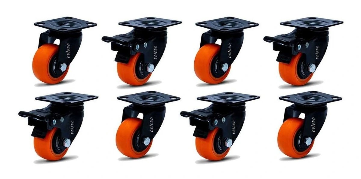 Kit 8 Rodízio Linha Black Placa 50mm 4 Com Freio 4 Sem Freio 400kg Laranja - Colson