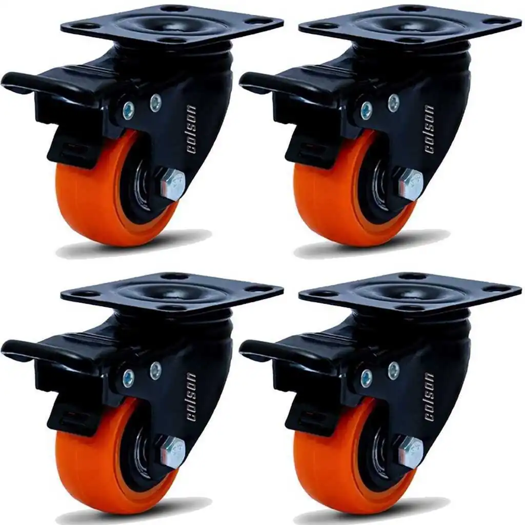 Kit 4 Rodízio Linha Black Placa 50mm Com Freio Laranja - Colson