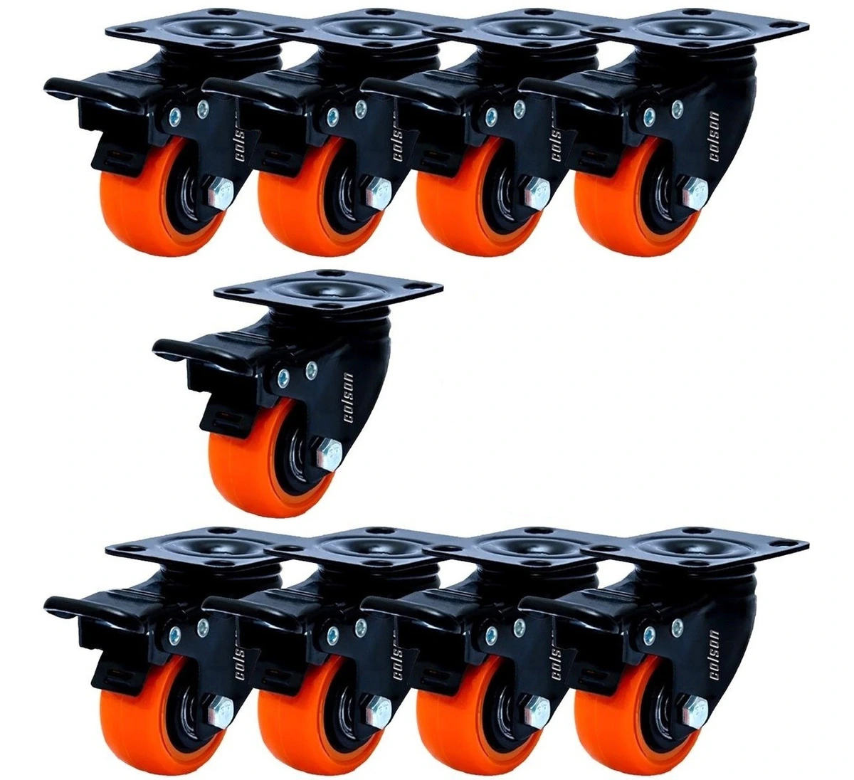 Kit 9 Rodízio Linha Black Placa 50mm Com Freio 450kg Laranja - Colson